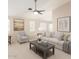 Bright living room featuring a ceiling fan, modern furnishings, neutral color palette, and large decorative artwork at 19206 N 40Th St, Phoenix, AZ 85050