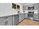Modern kitchen with stainless steel appliances, gray cabinets, and a window overlooking the exterior at 2324 E Crescent Ave, Mesa, AZ 85204