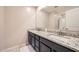 Well-lit bathroom featuring dual sinks with granite counters, dark cabinetry, and a large mirror at 3916 S 79Th Ln, Phoenix, AZ 85043