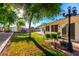 Lush backyard with a well-maintained lawn, mature trees, and a brick patio leading to the house at 4013 E Delta Cir, Mesa, AZ 85206