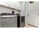 This laundry room is equipped with white cabinets, a washer and dryer, and a door to the outside at 4037 E Elmwood St, Mesa, AZ 85205