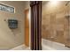 Bathroom showing a tiled shower with bronze curtain, a cabinet, and a small window for natural light at 15600 E Robin Dr, Fountain Hills, AZ 85268