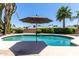 Outdoor pool with a tan concrete surround, greenery and shade from surrounding palm trees at 6417 E Kings Ave, Scottsdale, AZ 85254