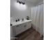 Modern bathroom vanity with updated fixtures, stylish lighting, and a shower with a white curtain at 13606 N 130Th Ave, El Mirage, AZ 85335