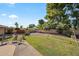 Serene backyard with a lush lawn, mature trees, and a cozy swing set, ideal for outdoor relaxation at 14221 N 43Rd St, Phoenix, AZ 85032