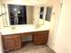 Bathroom featuring double sinks with dark wood cabinets, large vanity mirror, and a clean neutral design at 1913 S River Dr, Tempe, AZ 85281