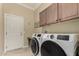 Convenient laundry room with modern washer/dryer set and overhead cabinets at 20332 N Denizen Dr, Surprise, AZ 85387