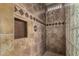 A shower enclosed in tan and brown tile and glass block windows, including a soap nook at 20332 N Denizen Dr, Surprise, AZ 85387