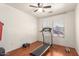 Bright bedroom featuring a ceiling fan, hardwood floors, and a treadmill, perfect for a home gym at 2202 S Lawther Dr, Apache Junction, AZ 85120