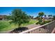 Scenic view overlooking community green space with mature trees, colorful flowers, and a walking path at 26135 N Desert Mesa Dr, Surprise, AZ 85387