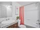 Bright bathroom featuring a granite countertop vanity, framed mirror, and shower with curtain at 320 E Mckellips Rd # 25, Mesa, AZ 85201