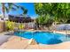 Sparkling backyard pool with rock waterfall feature, surrounded by lush tropical landscaping and shaded lounge areas at 4530 E Decatur St, Mesa, AZ 85205