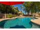 Backyard pool featuring a baja shelf, a tanning ledge, ample seating, and privacy landscaping at 5534 W Riviera Dr, Glendale, AZ 85304