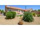Desert landscaped backyard with decorative plants, an umbrella covered patio, and wrought iron fence for privacy at 17449 N Fairway Dr, Surprise, AZ 85374
