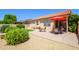 Charming backyard patio with stylish furniture, landscaped yard, and a vibrant red umbrella for outdoor relaxation at 17449 N Fairway Dr, Surprise, AZ 85374