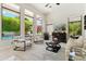 Bright living room with neutral tones, stylish seating, large windows, and lush backyard views at 8216 E Angel Spirit Dr, Scottsdale, AZ 85255