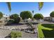Serene backyard featuring decorative stone, manicured trees, rock fountain, and vibrant green foliage at 922 S Ember Cir, Mesa, AZ 85208