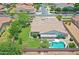 Aerial view shows a backyard with sparkling pool, covered patio, privacy fence, and lush green grass at 23090 S 201St St, Queen Creek, AZ 85142
