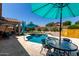 Beautiful backyard featuring a sparkling pool, outdoor seating, and lush landscaping for relaxation at 10342 E Obispo Ave, Mesa, AZ 85212