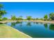 Picturesque pond view with a fountain, surrounded by lush green grass and mature trees at 20277 N 68Th Dr, Glendale, AZ 85308