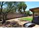 Green backyard with grass, block wall, trees, landscaping, and covered patio at 3033 W Tierra Buena Ln, Phoenix, AZ 85053