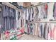 Walk-in closet with clothing hanging on rods, boxes, and shoes on the floor at 557 S Lemon Ct, Gilbert, AZ 85296