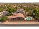 Aerial view of the backyard pool, patio, and lush landscaping of this beautiful home at 2990 N Pearl Ct, Casa Grande, AZ 85122