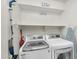 Bright laundry room with modern, front-loading washer and dryer and ample shelving at 38771 N Dena Dr, San Tan Valley, AZ 85140