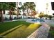 Backyard with a sparkling pool, surrounded by palm trees, turf, and a brick-paved patio area at 7724 E Charter Oak Rd, Scottsdale, AZ 85260