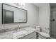 Bathroom featuring granite countertop, white cabinets, vanity, and shower with modern fixtures at 1066 E 7Th Pl, Mesa, AZ 85203