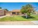 Single-story home featuring a well-manicured lawn, brick accents, and a charming orange tree in the front yard at 160 Leisure World -- # 160, Mesa, AZ 85206