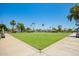 A vast, manicured lawn bowling green bordered by palm trees and lush landscaping in a tranquil setting at 160 Leisure World -- # 160, Mesa, AZ 85206