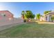 Expansive backyard with lush green grass, mature trees, and a block wall for privacy at 8468 W Lewis Ave, Phoenix, AZ 85037