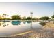Resort style swimming pool with beach entry and rows of lounge chairs overlooking the serene water at 2137 E New Bedford Dr, Gilbert, AZ 85234
