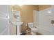 Bathroom with white pedestal sink and toilet, plus shower-tub combo and large round mirror at 4169 E Jasper Dr, Gilbert, AZ 85296
