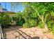 Secluded backyard with a stone patio surrounded by lush greenery and mature trees at 6255 E Crocus Dr, Scottsdale, AZ 85254