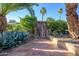 Stunning tiled courtyard featuring mature palms and a weathered wood gate at 6255 E Crocus Dr, Scottsdale, AZ 85254