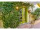 Inviting patio with vibrant green doors, vine-covered walls, and tiled walkway at 6255 E Crocus Dr, Scottsdale, AZ 85254