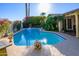 Backyard pool with lush greenery, tiled trim, and serene backyard oasis at 6255 E Crocus Dr, Scottsdale, AZ 85254