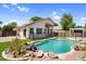 Backyard oasis with a rock-lined pool, lush landscaping, and black wrought iron safety fence at 1332 W Blue Ridge Ct, Chandler, AZ 85248