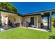 Backyard featuring a covered patio with artificial turf and mature landscaping at 4627 W Laurie Ln, Glendale, AZ 85302