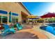Resort-style backyard featuring a covered patio, pool, spa, and colorful outdoor umbrellas at 2058 E Marlene Dr, Gilbert, AZ 85296