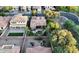Aerial view of the property showcasing a pool, lush backyard, and well-maintained landscaping in a residential neighborhood at 3622 E Sparrow Pl, Chandler, AZ 85286