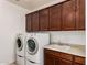 Laundry room featuring a stacked washer and dryer unit, wooden cabinets and a sink at 4167 E Sierra Madre Ave, Gilbert, AZ 85296
