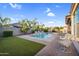 Charming backyard featuring a pool, artificial grass, and cozy seating, perfect for outdoor enjoyment at 4206 E Blue Ridge Pl, Chandler, AZ 85249