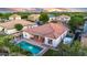 Aerial view of a backyard featuring a sparkling pool, covered patio, and lush green landscaping at 4206 E Blue Ridge Pl, Chandler, AZ 85249