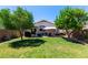 Spacious backyard featuring lush green grass, a patio, and mature trees providing shade at 5018 W Wikieup Ln, Glendale, AZ 85308