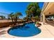 Sparkling pool with lush tropical landscaping creating a private backyard oasis at 5102 S Peachwood Dr, Gilbert, AZ 85298