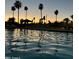 Community swimming pool at dusk reflects a vibrant sunset, framed by swaying palm trees at 7807 E Main St # Cc-98, Mesa, AZ 85207