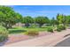 Lush front yard with mature trees, manicured lawn, and neatly trimmed landscaping create inviting curb appeal at 1940 N Stevens Cir, Mesa, AZ 85205